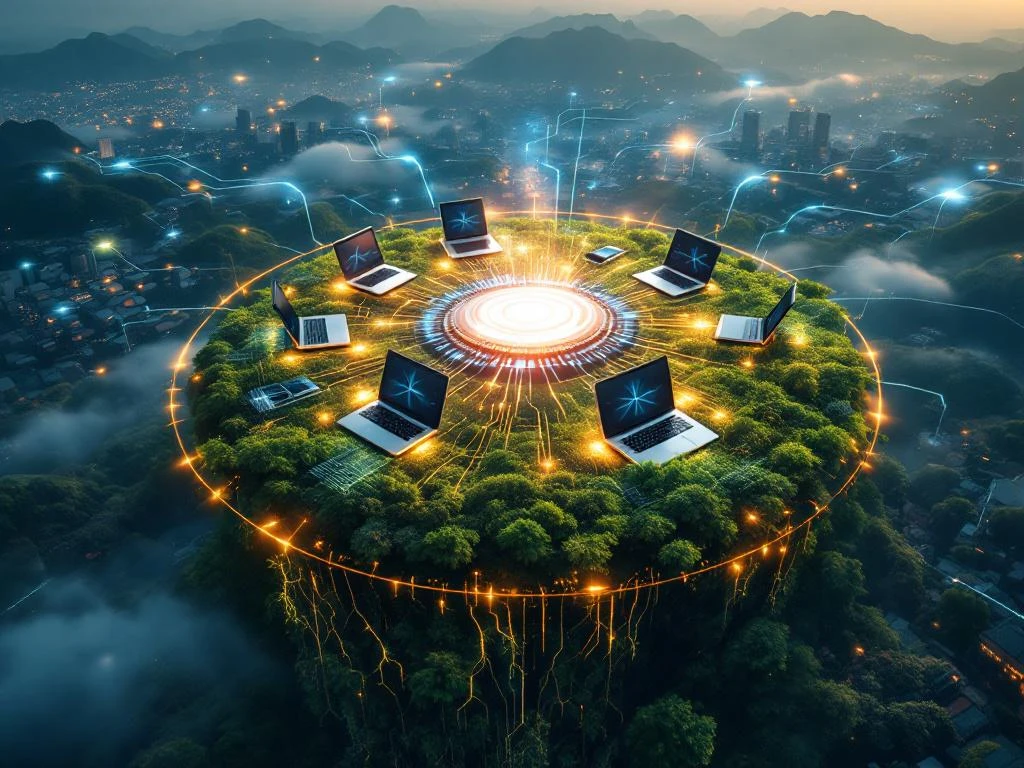 Luchtfoto van digitaal netwerk boven groen landschap met hergebruikte laptops en smartphones in cirkelpatroon