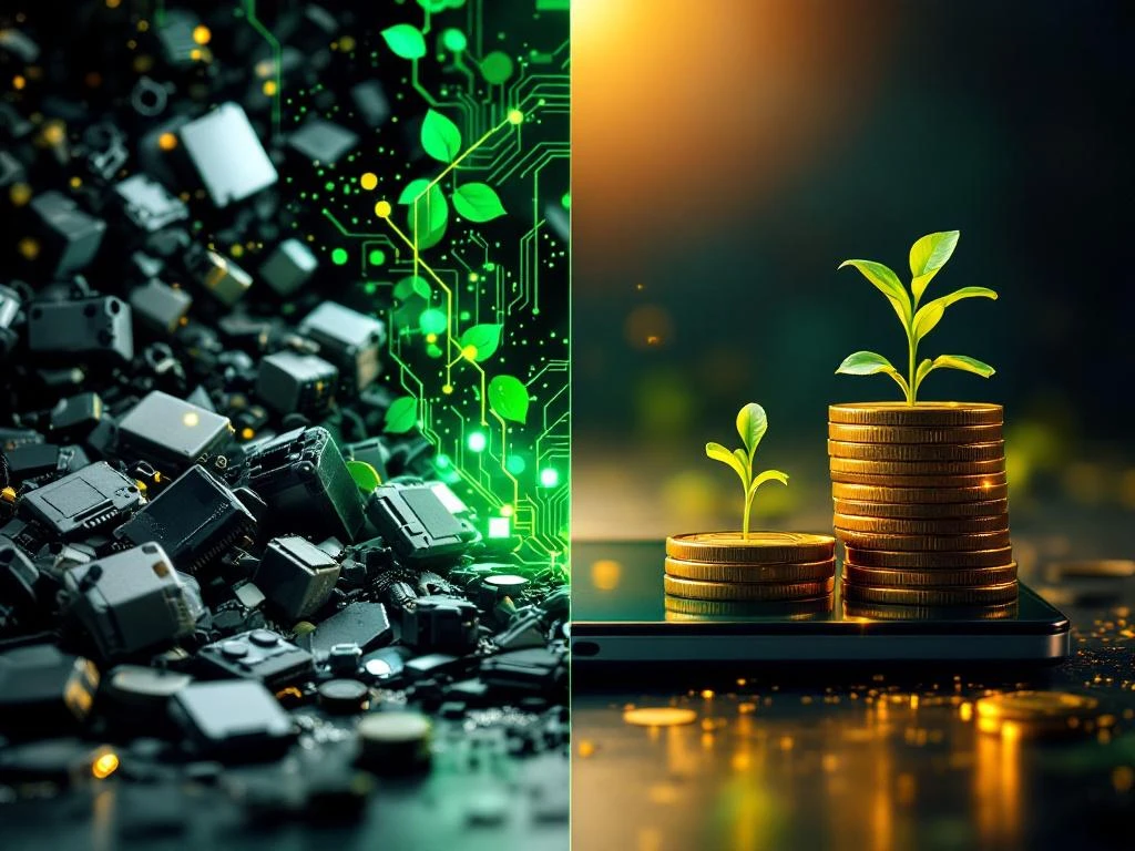Circulaire IT-economie transformatie: oude elektronische apparaten links, gerenoveerde laptops en smartphones rechts met groene circuits