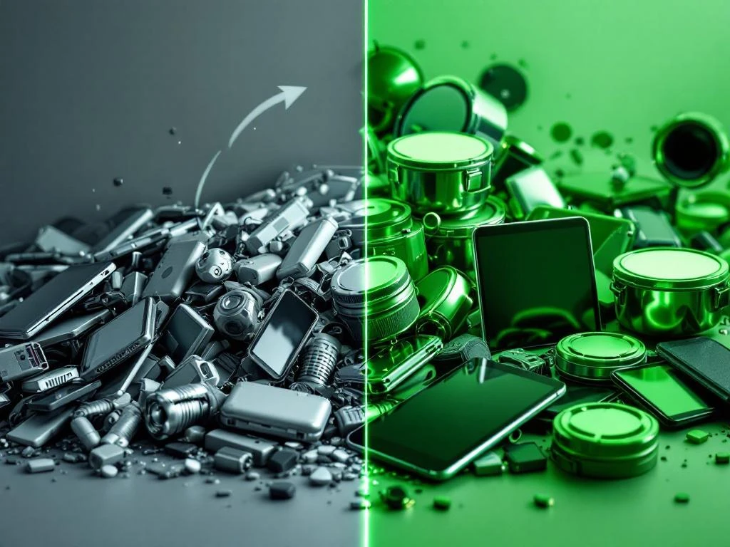 Split-screen van oude grijze IT-apparaten links versus gerenoveerde groene laptops en telefoons rechts met pijl