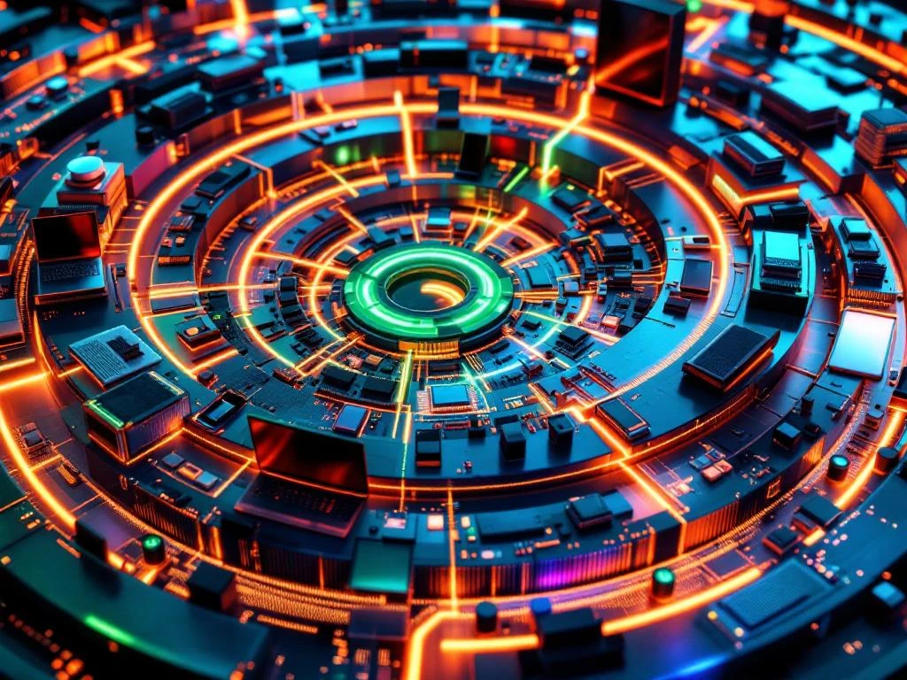 Luchtfoto van cirkelvormige paden met hergebruikte laptops en smartphones in duurzame technologiecyclus met groene verlichting