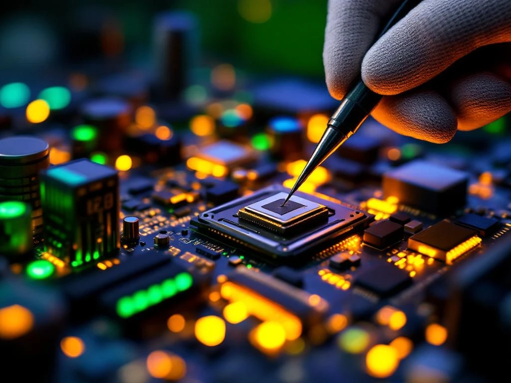 Technicus met antistatische handschoenen onderhoudt computeronderdelen met precisietools onder LED-verlichting