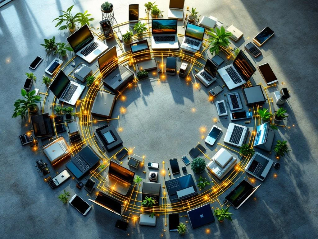 Gerenoveerde laptops en smartphones in circulaire spiraal, van versleten tot vernieuwde technologie met gouden verbindingslijnen