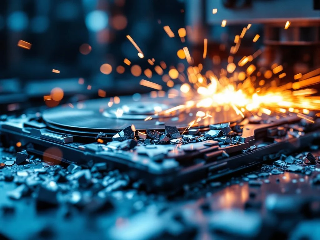 Computerharddisk wordt veilig vernietigd met industriële apparatuur, metalen schijven verscheurd met vonken