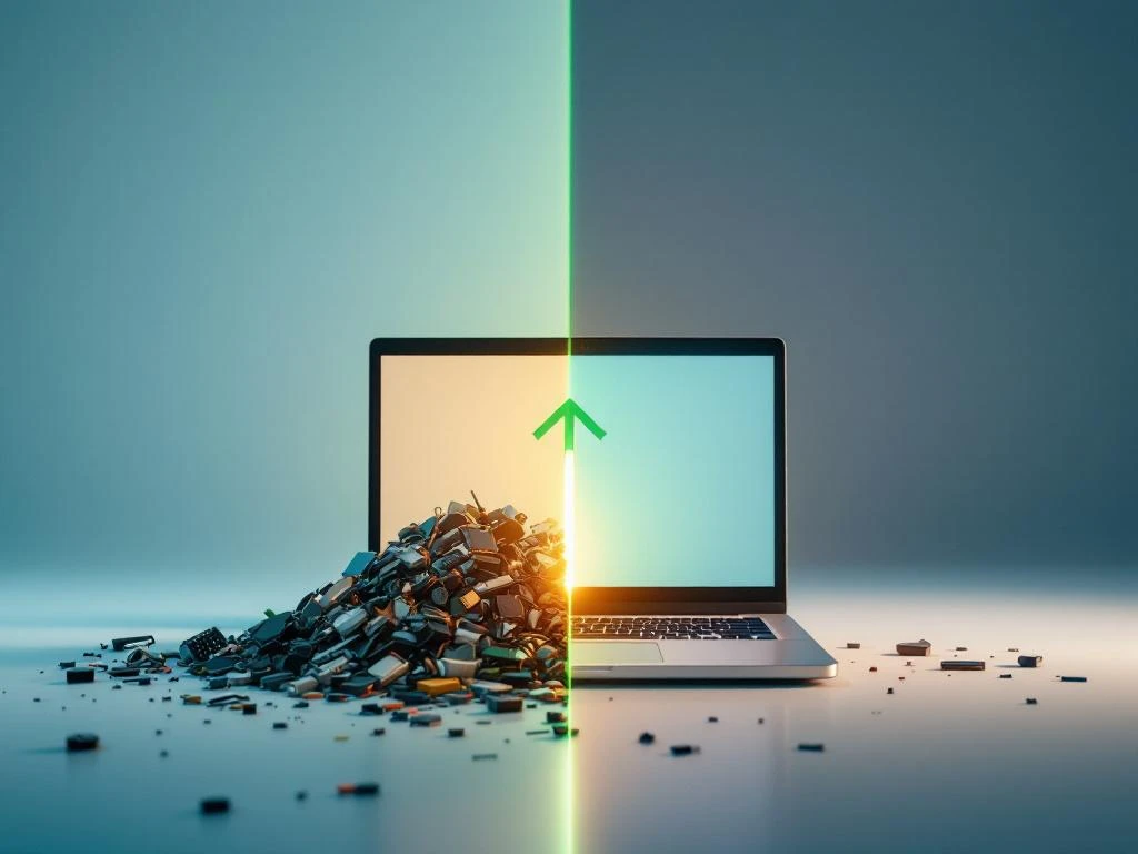 Gerenoveerde laptop naast elektronisch afval met groene pijl die transformatie naar duurzame technologie symboliseert