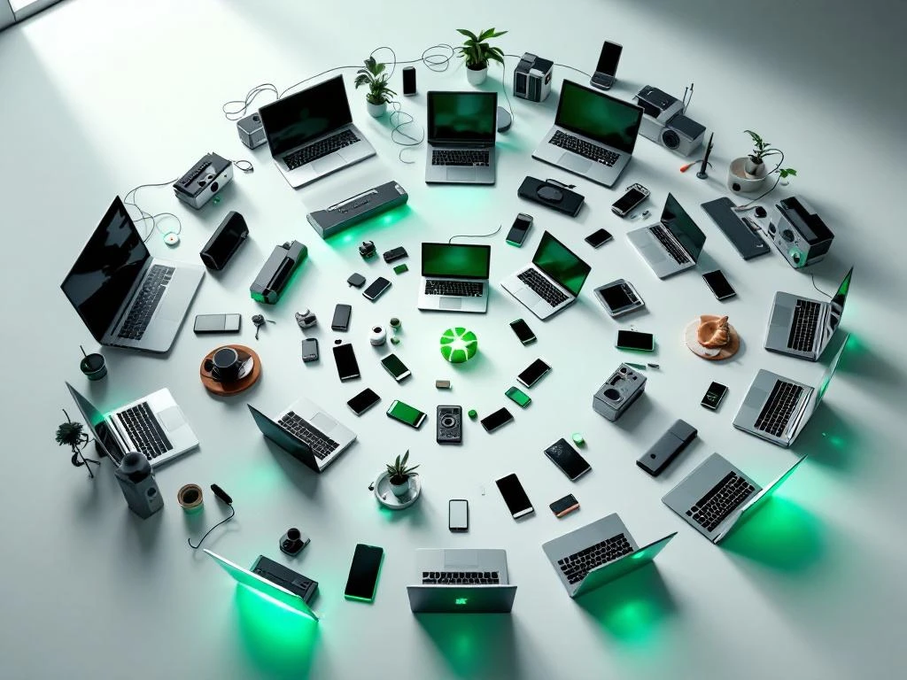 Luchtfoto van refurbished laptops en smartphones in spiraalpatroon, van beschadigd naar nieuw, met groene verlichting