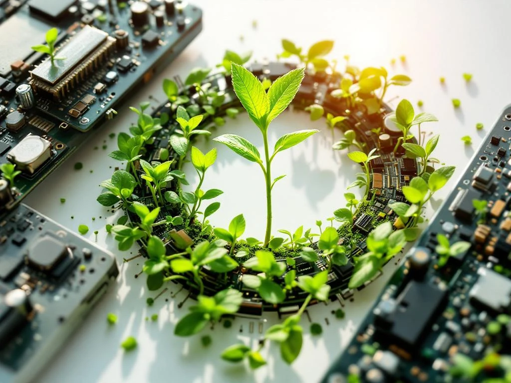Elektronische apparaten die transformeren tot groene planten, symboliseert technologische wedergeboorte en duurzaamheid