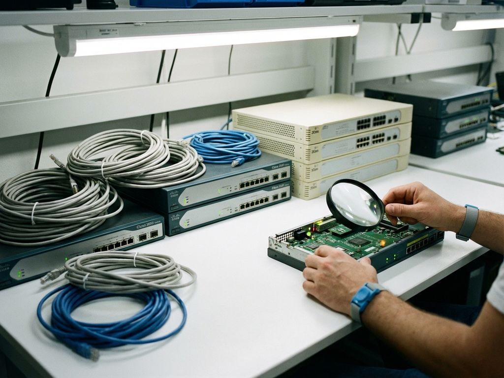 Technicus onderzoekt netwerkuitrusting met vergrootglas op werkbank met Cisco routers, switches en ethernetkabels