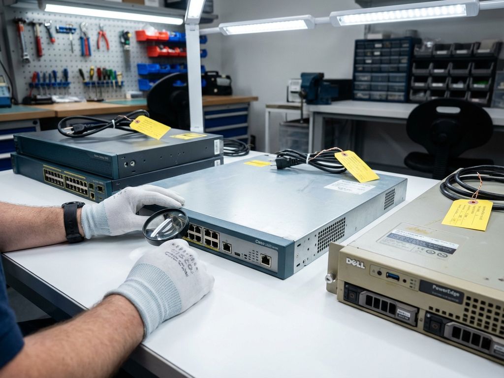 Technicus onderzoekt Cisco router met vergrootglas tussen vintage telecomapparatuur op werkbank in professionele workshop
