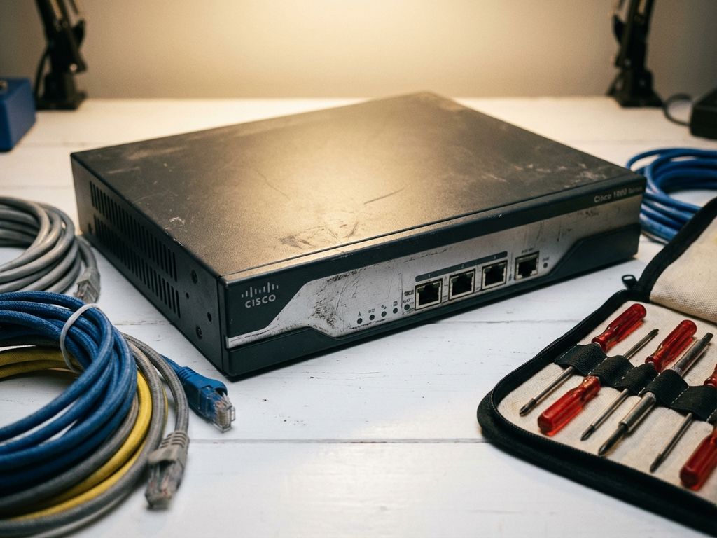 Verouderde Cisco router uit de jaren 2000 op witte werkbank met vintage netwerkkabels en precisie schroevendraaiers