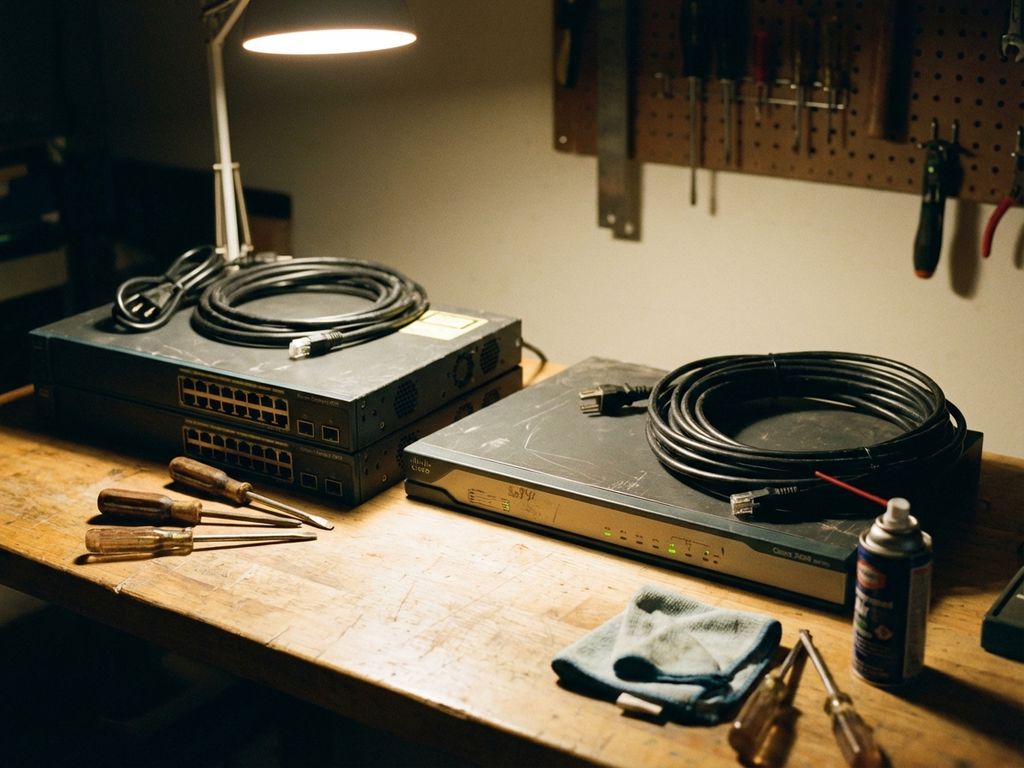 Vintage Cisco routers en netwerkswitches op houten werkbank met gereedschap en gloeiende LED-lampjes