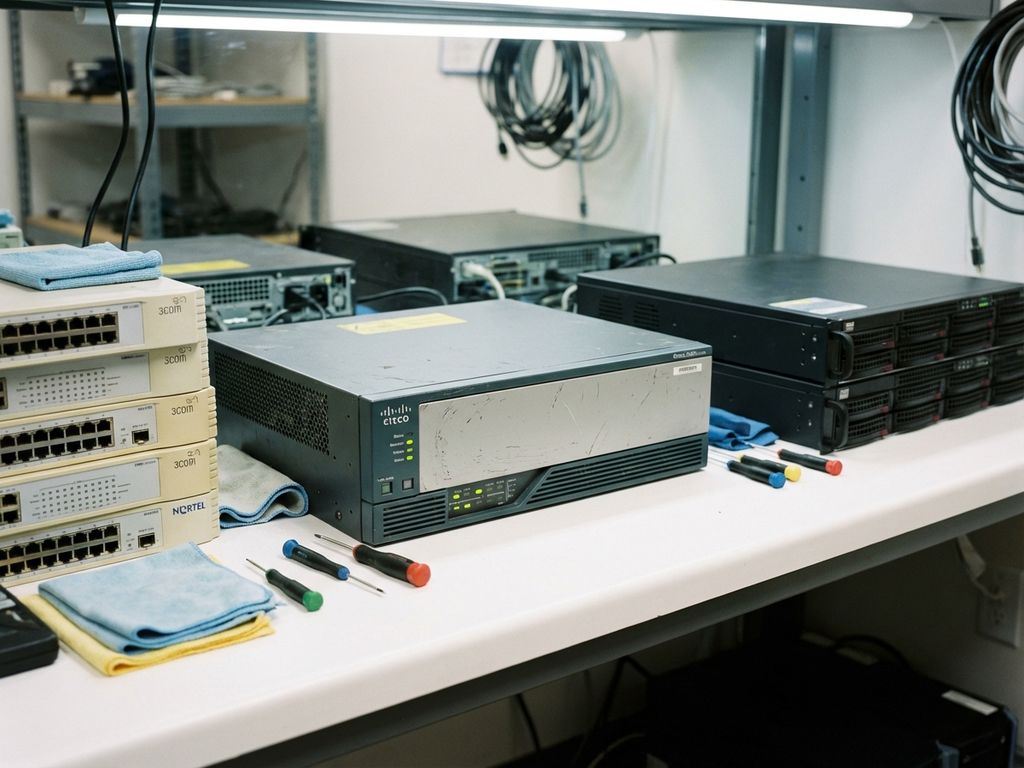 Cisco routers en netwerkschakelaars uit de vroege jaren 2000 op witte werkbank met gereedschap en schoonmaakdoeken