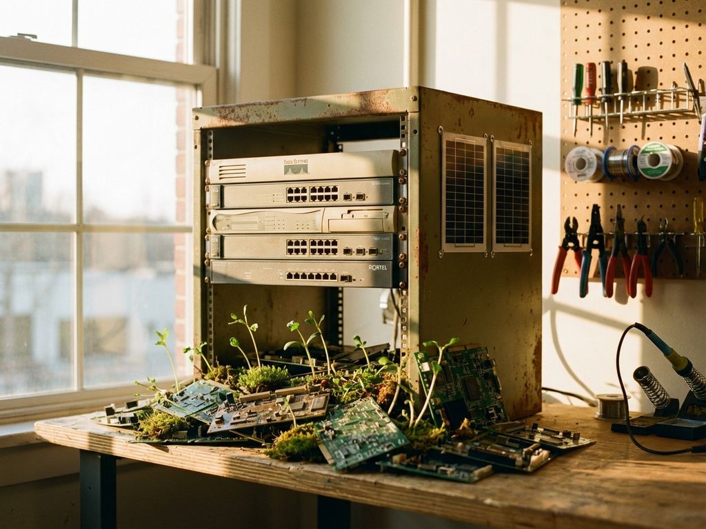 Groene plantenscheuten groeien uit gerecyclede printplaten naast vintage servers in zonnige werkplaats