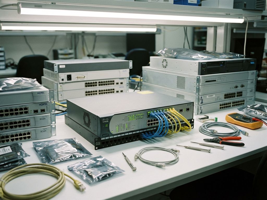 Vintage netwerk switches en routers uit de jaren 2000 op werkbank met onderhoudsgereedschap in professionele werkplaats