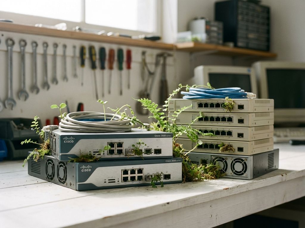 Oude Cisco routers en netwerkapparatuur met groene plantjes die uit poorten groeien op witte werkbank