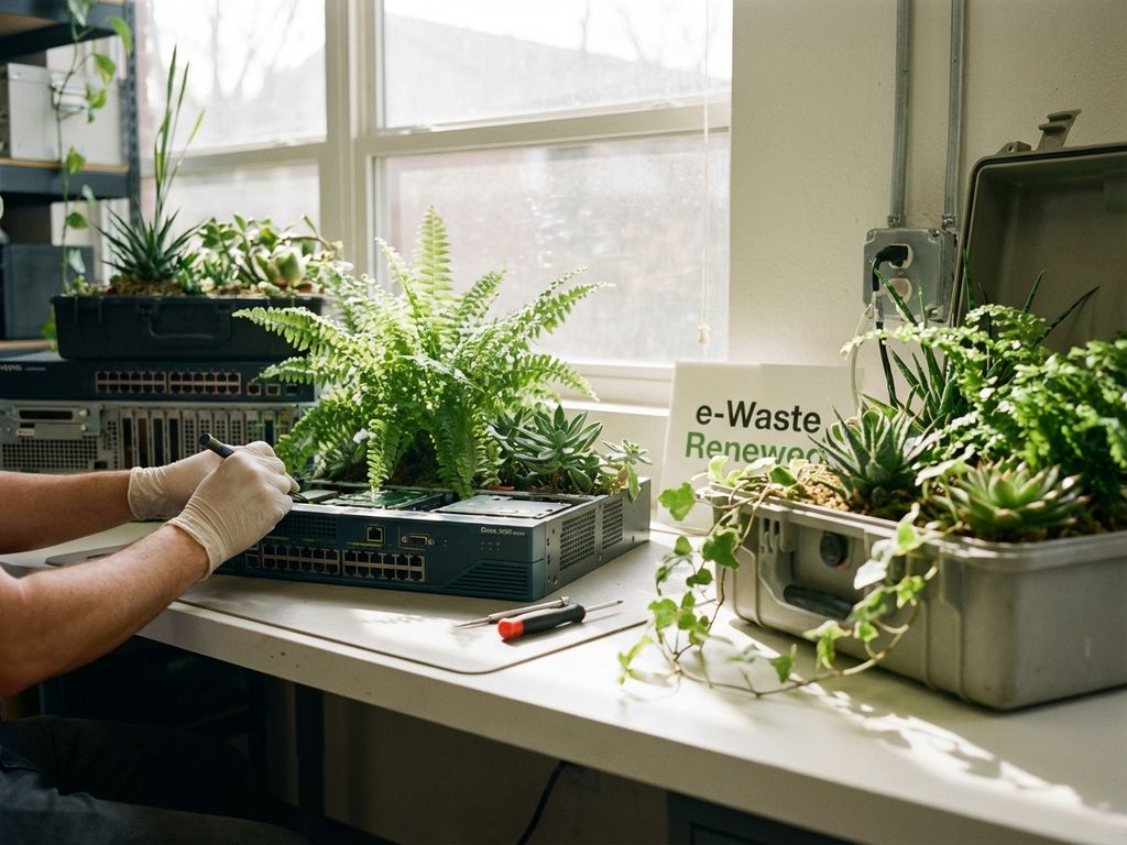 Technicus onderzoekt gerenoveerde vintage telecomapparatuur op werkbank met groene planten uit hergebruikte behuizingen