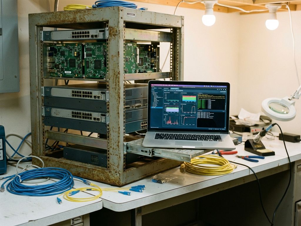 Moderne laptop met diagnostische software op vintage telecommunicatie serverrack uit 2000s met netwerkapparatuur en kabels