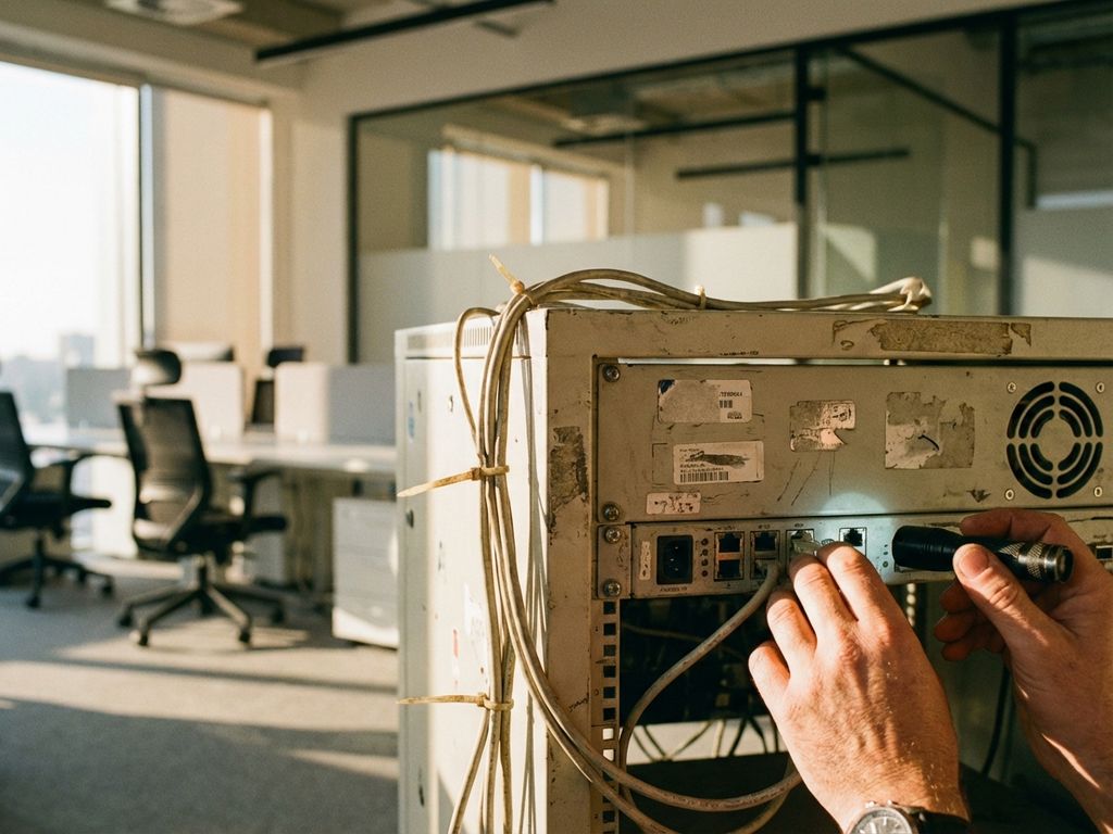 Persoon onderzoekt oude serverrack uit jaren 2000 met zaklamp in modern kantoor, kabels en poorten zichtbaar