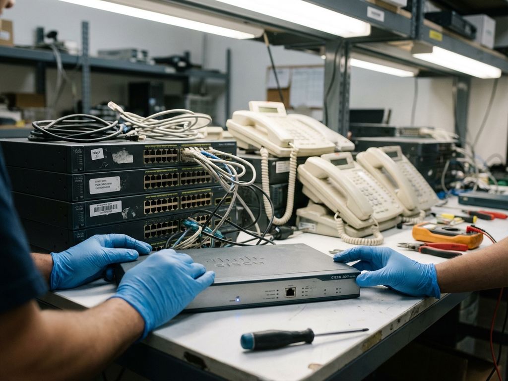 Technicus onderzoekt Cisco routers en netwerkapparatuur uit de jaren 2000 op werkbank voor professionele restauratie