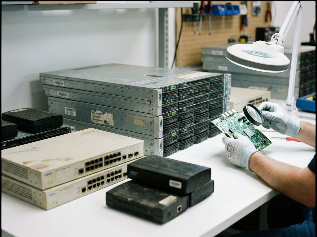 Technicus inspecteert printplaat van vroege 2000s telecommunicatieapparatuur met servers en switches op werkbank