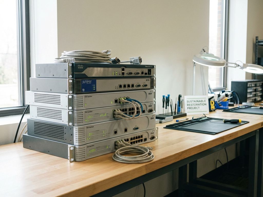 Vroege 2000s telecom apparatuur inclusief routers en switches op werkbank, klaar voor duurzame restauratie