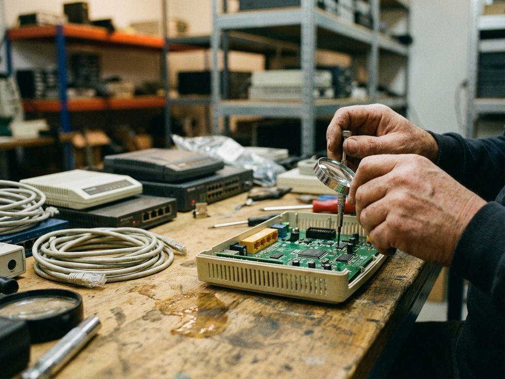 Technicus onderzoekt vintage netwerkapparatuur op houten werkbank in industriële werkplaats