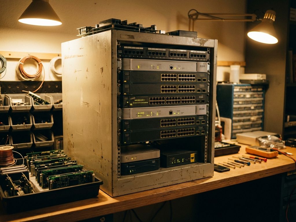 Vintage netwerkschakelaars en routers in telecommunicatierek met LED-lampjes en reparatieonderdelen op werkbank