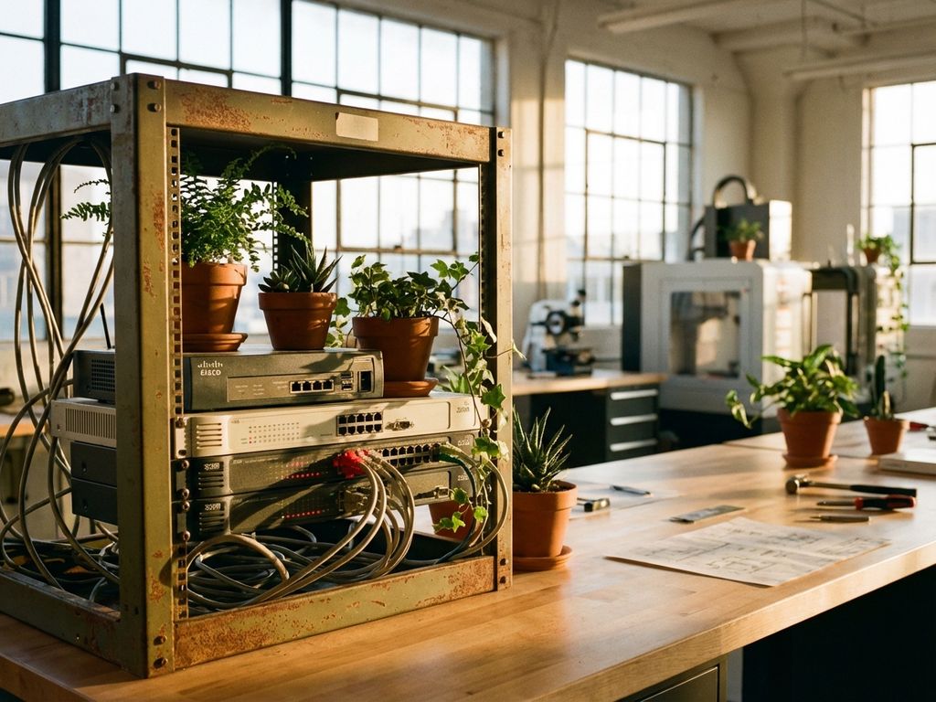 Vintage serverrack uit 2000s met groene planten tussen beige telecomapparatuur in moderne werkplaats met natuurlijk licht
