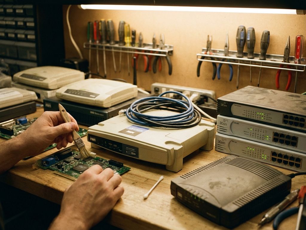 Technicus repareert vintage routers en modems uit 2000s op houten werkbank met gereedschap en gloeiende LED-lampjes