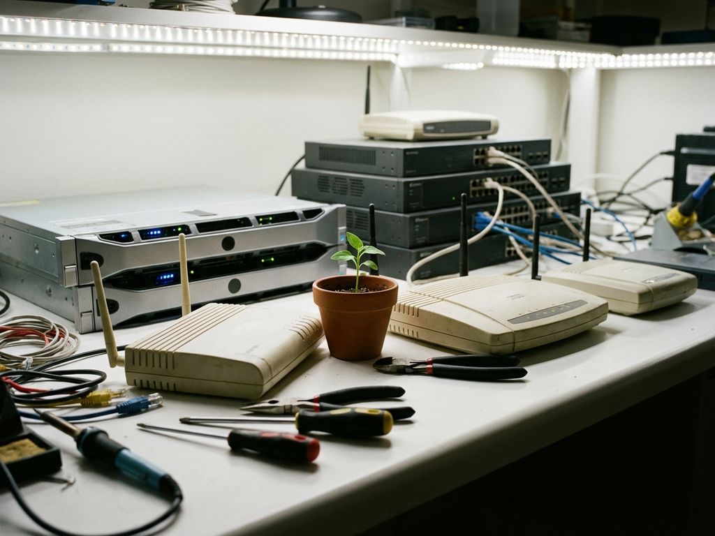 Vintage telecom servers en netwerkapparatuur uit de jaren 2000 op werkbank met groene plant en reparatiegereedschap