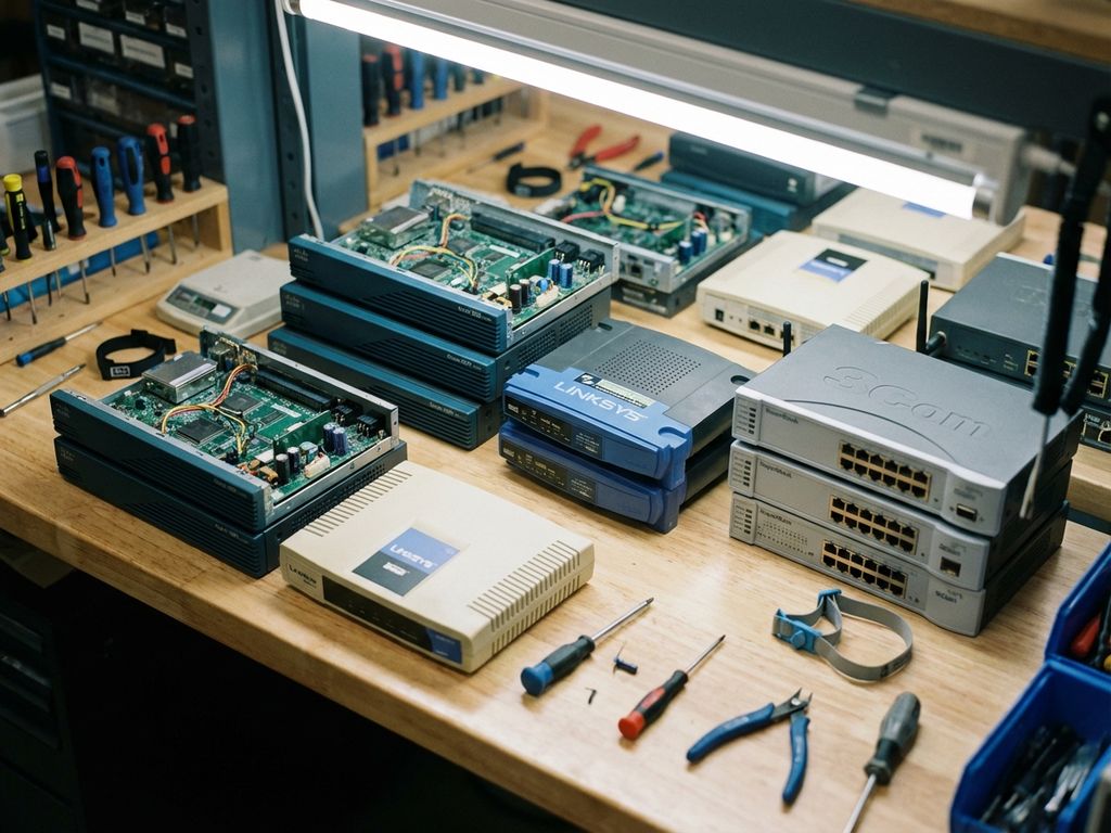 Vintage telecomapparatuur uit de jaren 2000 op werkbank met oude routers, modems en netwerkschakelaars