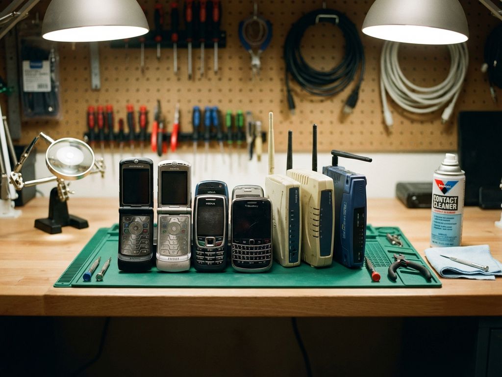Vintage telecom apparatuur uit de jaren 2000 inclusief klaptelefoons en vroege smartphones op georganiseerde werkbank