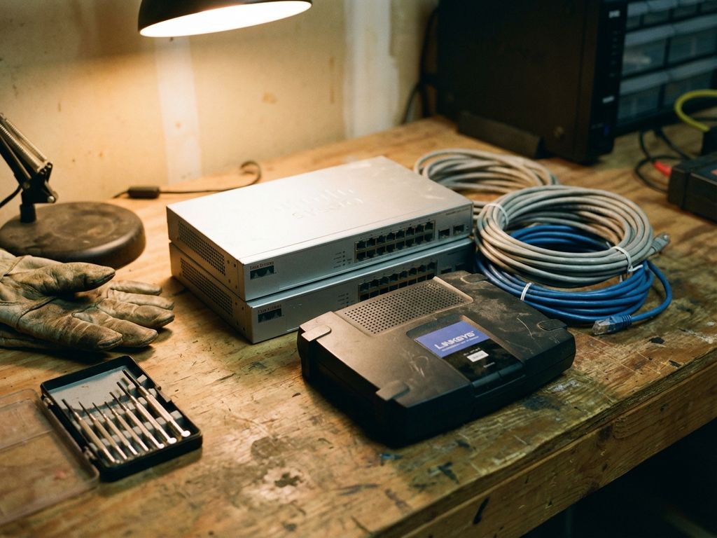 Vintage netwerkschakelaars en routers uit de jaren 2000 op houten werkbank met gereedschap voor restauratie