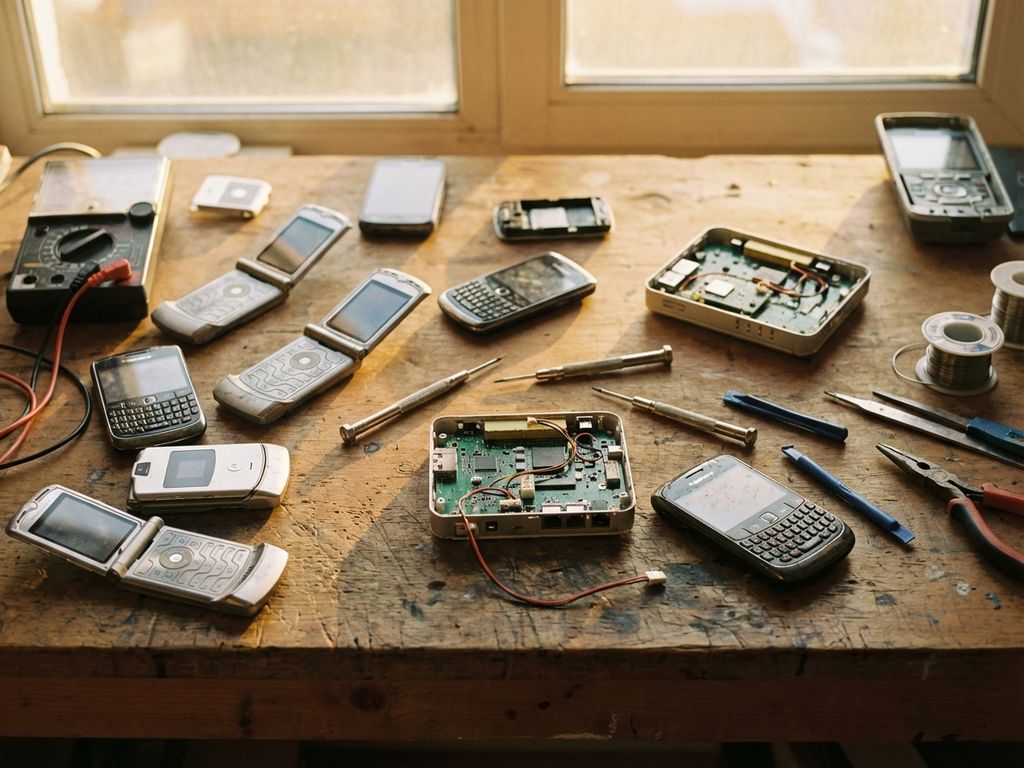 Vintage telecommunicatieapparatuur uit 2000s inclusief flip phones en BlackBerry's op houten werkbank met reparatiegereedschap