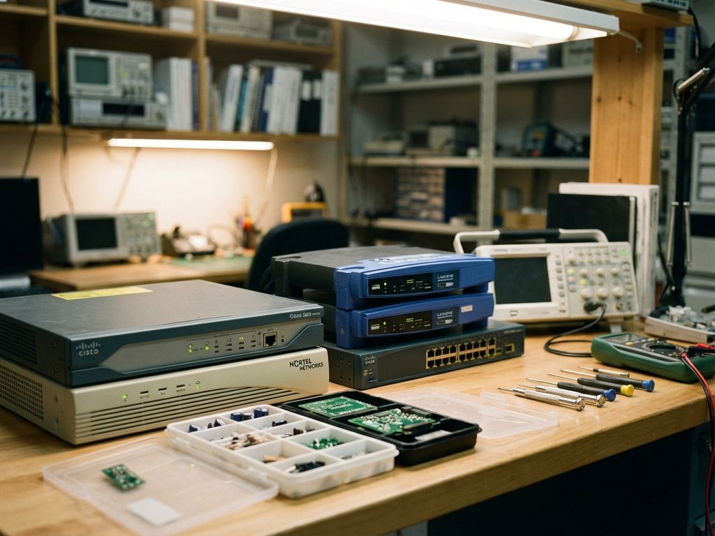 Vintage telecom routers en switches uit de jaren 2000 op georganiseerde werkbank met reparatiegereedschap en componenten