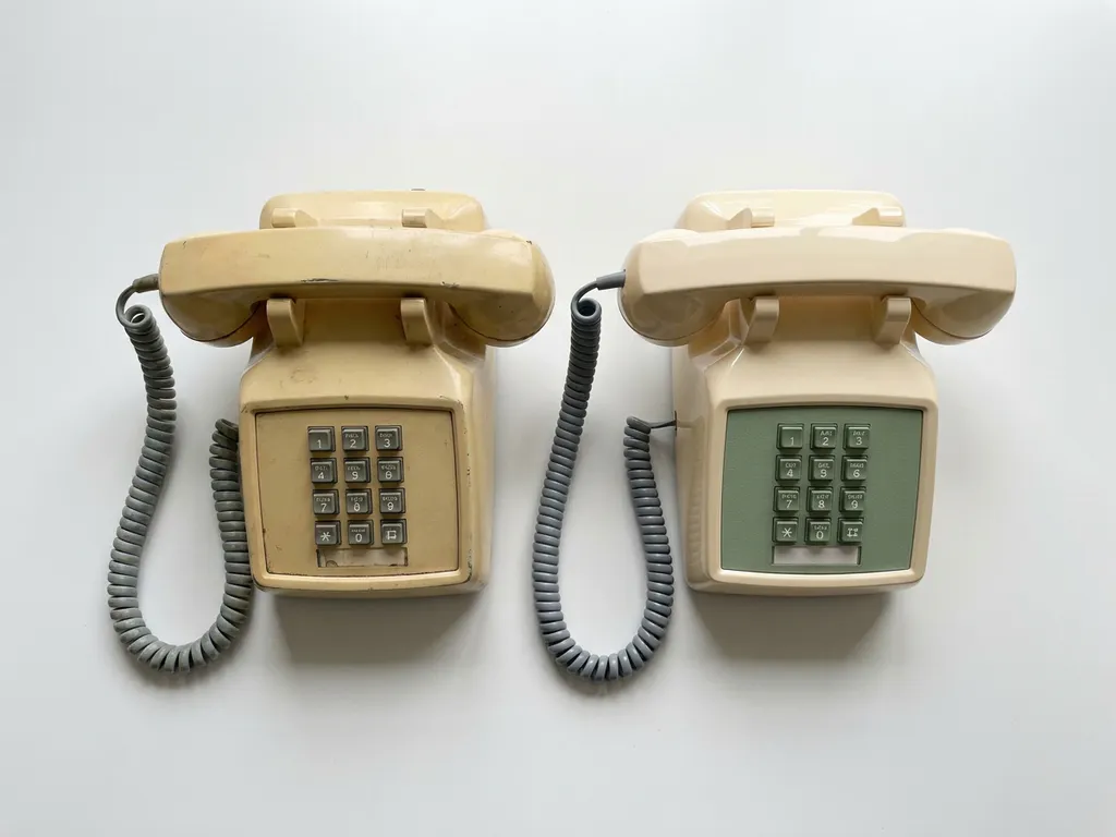 Vintage zaktelefoon naast opgeknapte versie op wit oppervlak, warm ivoor en leisteengrijs kleurenpalet, bovenaanzicht.