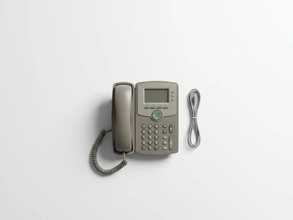 Gerestaureerde vintage kantoortelefoon uit de jaren 2000 naast een moderne ethernetkabel op wit oppervlak.