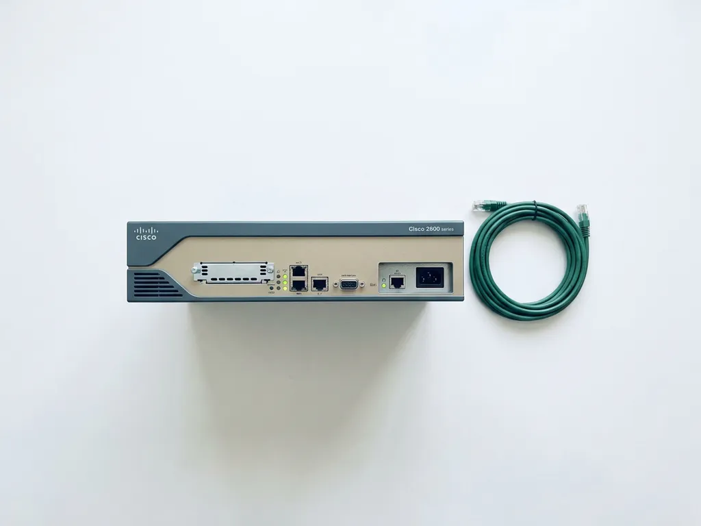 Vintage Cisco router uit de vroege jaren 2000, schoon en glanzend op wit oppervlak met netjes opgerold netwerkkabel, bovenaanzicht.