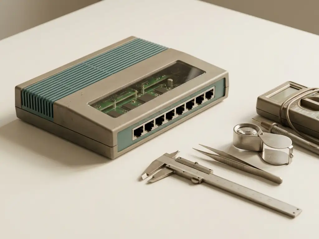 Vintage telecomrouter uit de jaren 90 op wit oppervlak, naast precisie-inspectietools, met zichtbare circuitdetails in warm grijs en gedempte tealtinten.