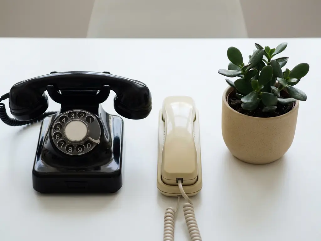 Schoongemaakt vintage bureautelefoon en kantoorhoorn op wit oppervlak naast kleine groene plant, zachte diffuse belichting.