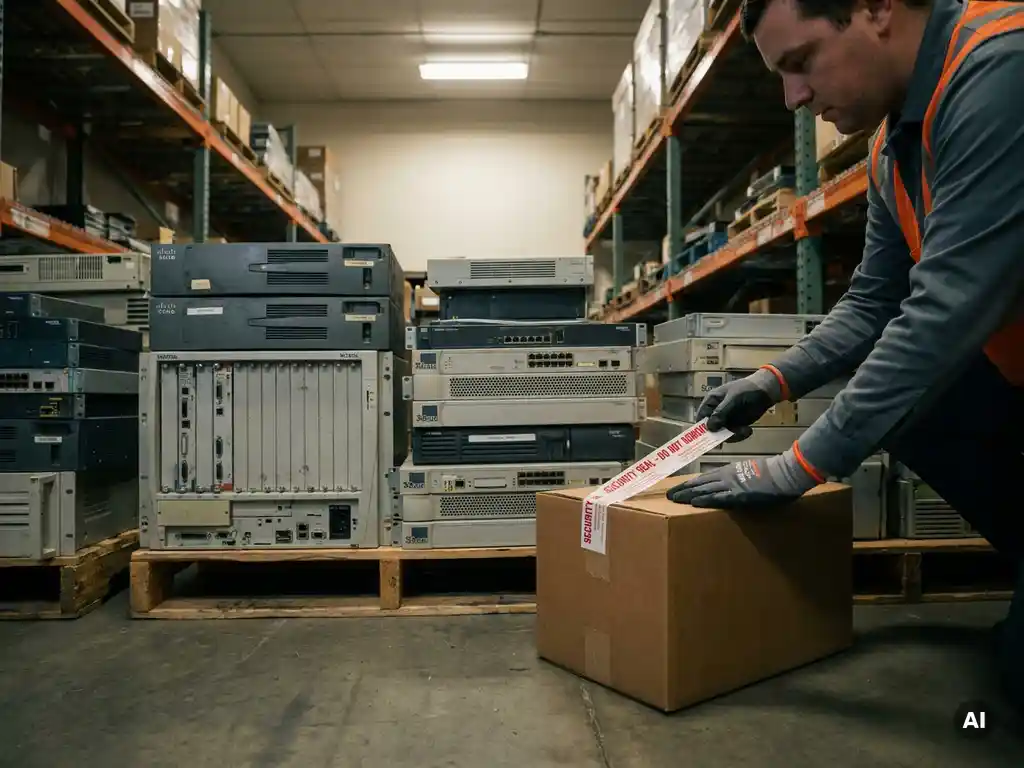 Technicus met handschoenen plakt een beveiligingssticker op een kartonnen doos met gereviseerde routers en telecomapparatuur.