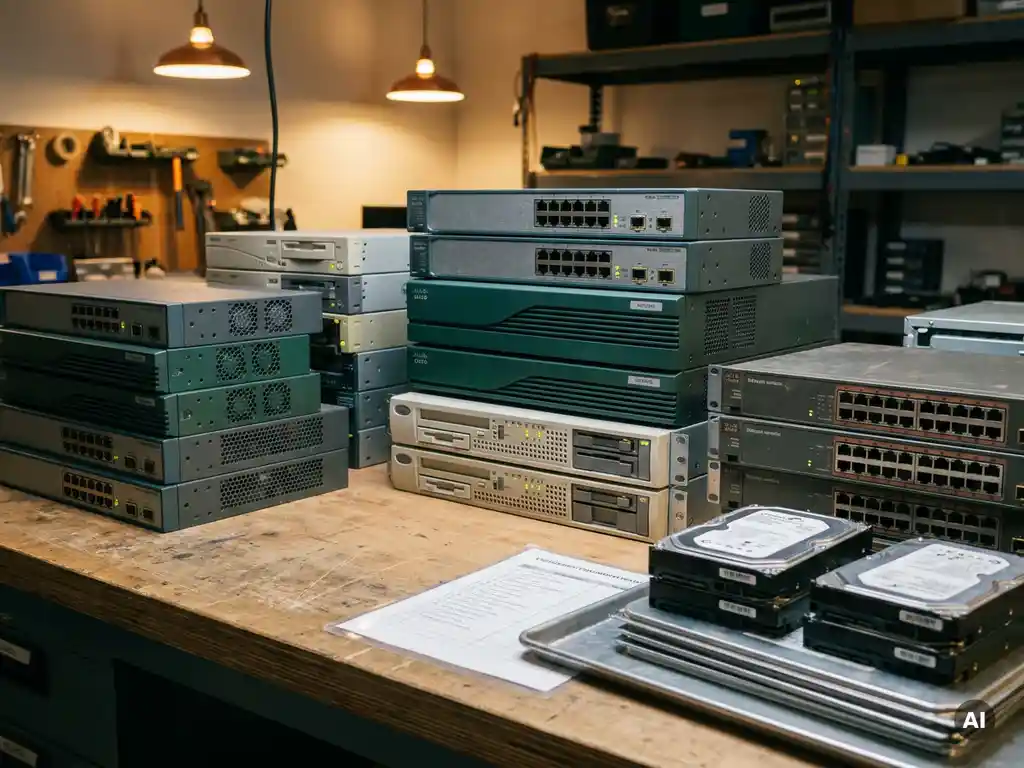 Opgeknapte Cisco-routers, rackmountservers en telecomschakelaars op een nette werkbank met een nalevingschecklist en gesanitiseerde harde schijven.