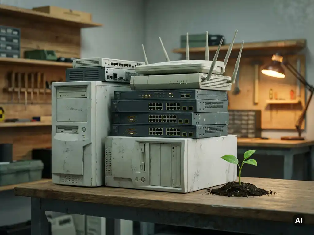 Stapel gereviseerde ICT-apparatuur uit de jaren 90 en 2000 met routers, beige pc-torens en Cisco-switches, naast een groen plantje op een werkblad.