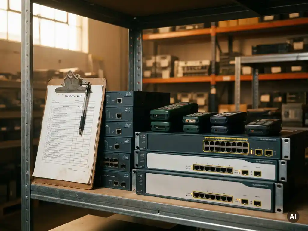 Auditklembord tegen opgeknapte Cisco-routers, Nokia-handsets en vintage telecomschakelaars uit de jaren 90-2010 op industriële magazijnstellingen.