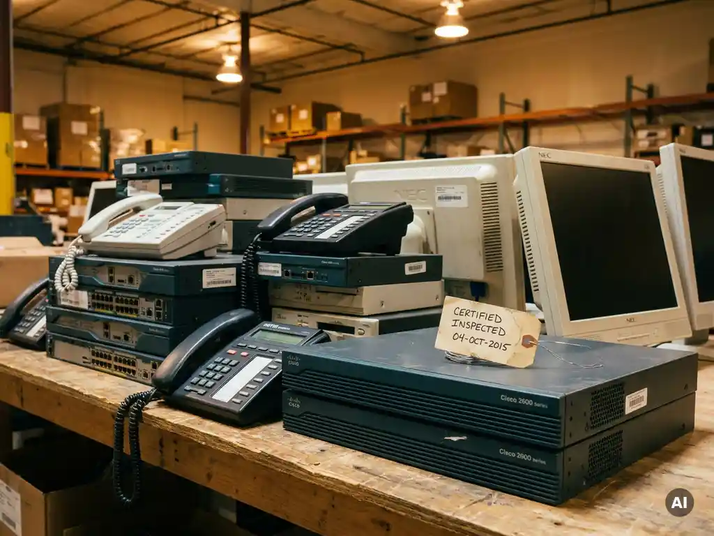 Stapel gereviseerde telecom- en ICT-apparatuur uit 1995–2016, waaronder Cisco-routers en flatscreenmonitors, met een gecertificeerd inspectieetiket bovenop.