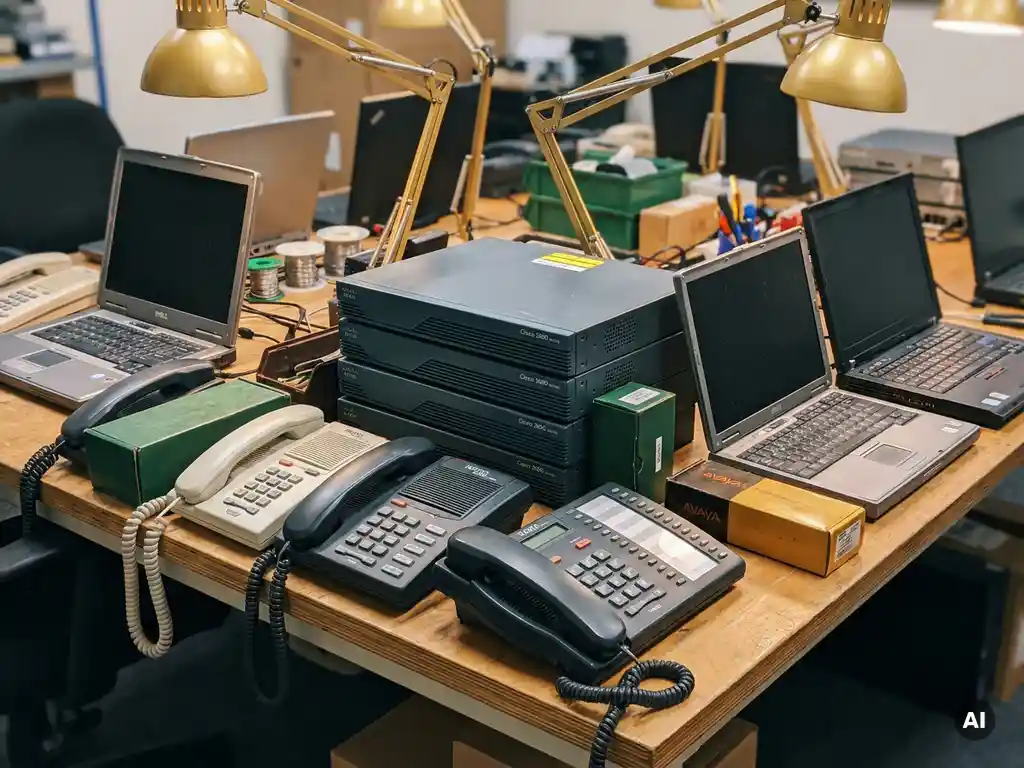 Opgeknapte telecom- en ICT-apparatuur uit de jaren 90-2010 op een werktafel, waaronder Cisco-routers, bureautelefoons en vroege laptops.