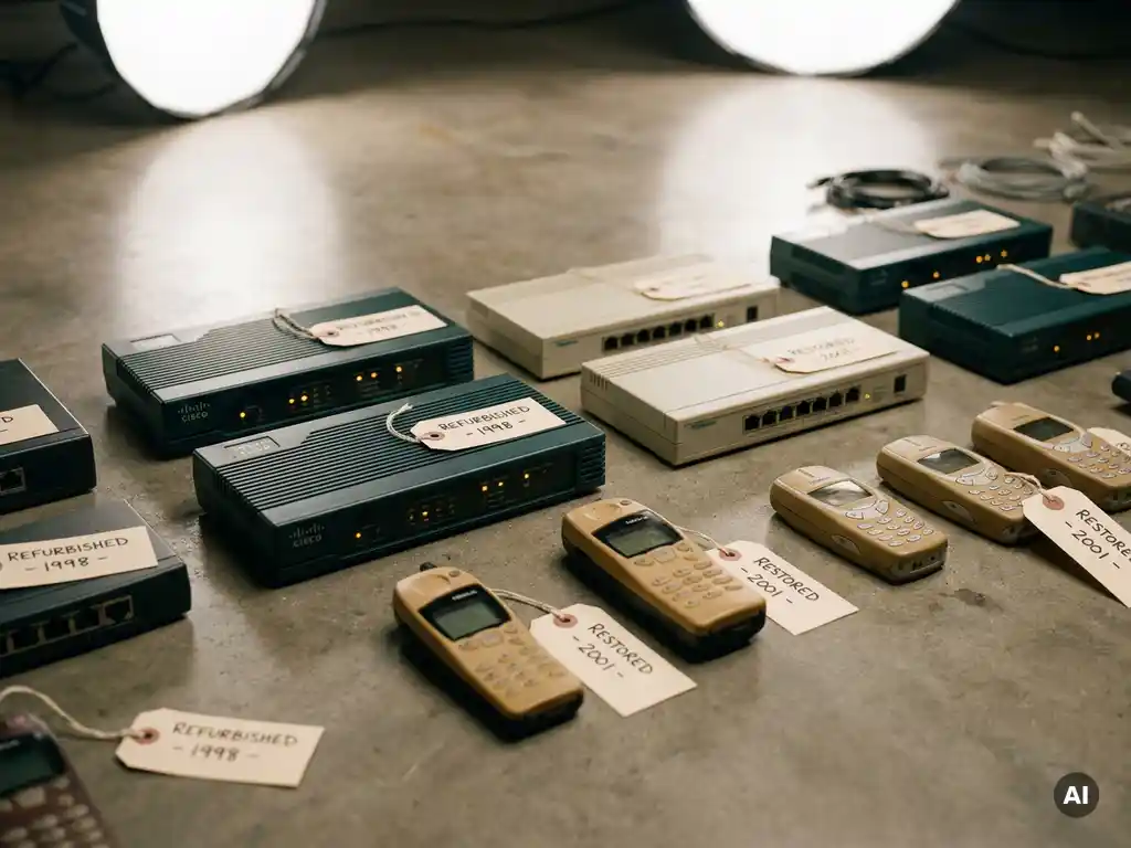 Gerefurbishte vintage Cisco-routers, Nokia-handsets en beige desktop-switches uit de jaren 90-00 op betonnen ondergrond, voorzien van labels.