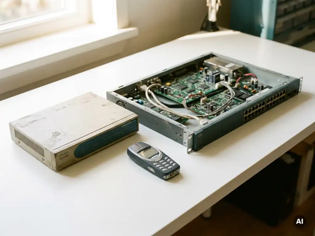 Verweerde Cisco-router, Nokia-telefoontoestel en rack-mountswitch uit de vroege jaren 2000 op witte werkbank, één apparaat gedeeltelijk gedemonteerd.