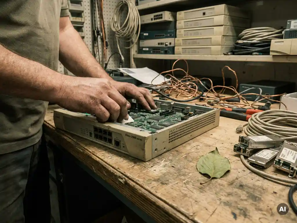 Verweerde handen die een vintage Cisco-router uit de jaren 2000 reviseren op een werkbank, met koperkabels en een groen blad als symbool van vernieuwing.