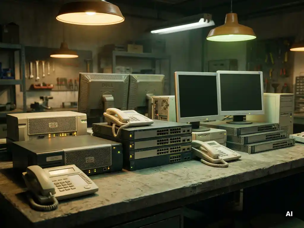 Refurbished telecomapparatuur uit 1995–2016: Cisco-routers, vintage bureautelefoons, vroege flatscreenmonitors en rack-switches op betonnen werkoppervlak.