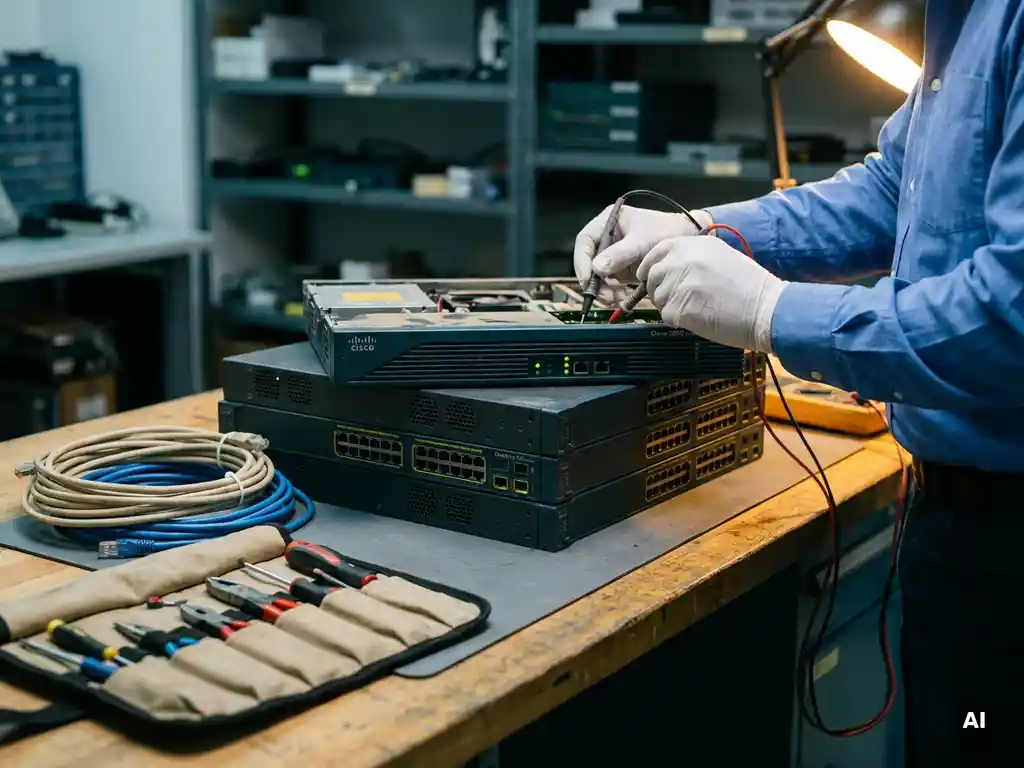 Technicus inspecteert vintage Cisco-router en gestapelde enterprise-telecomswitch uit de jaren 2000 op werkbank met kabels en gereedschap.